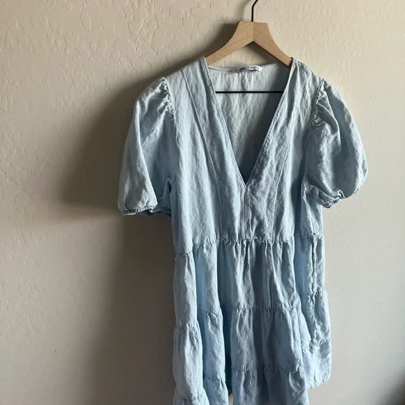 Zara Blue Linen Blend Womens Puff Sleeve Mini Sundress - Picture 3 of 6